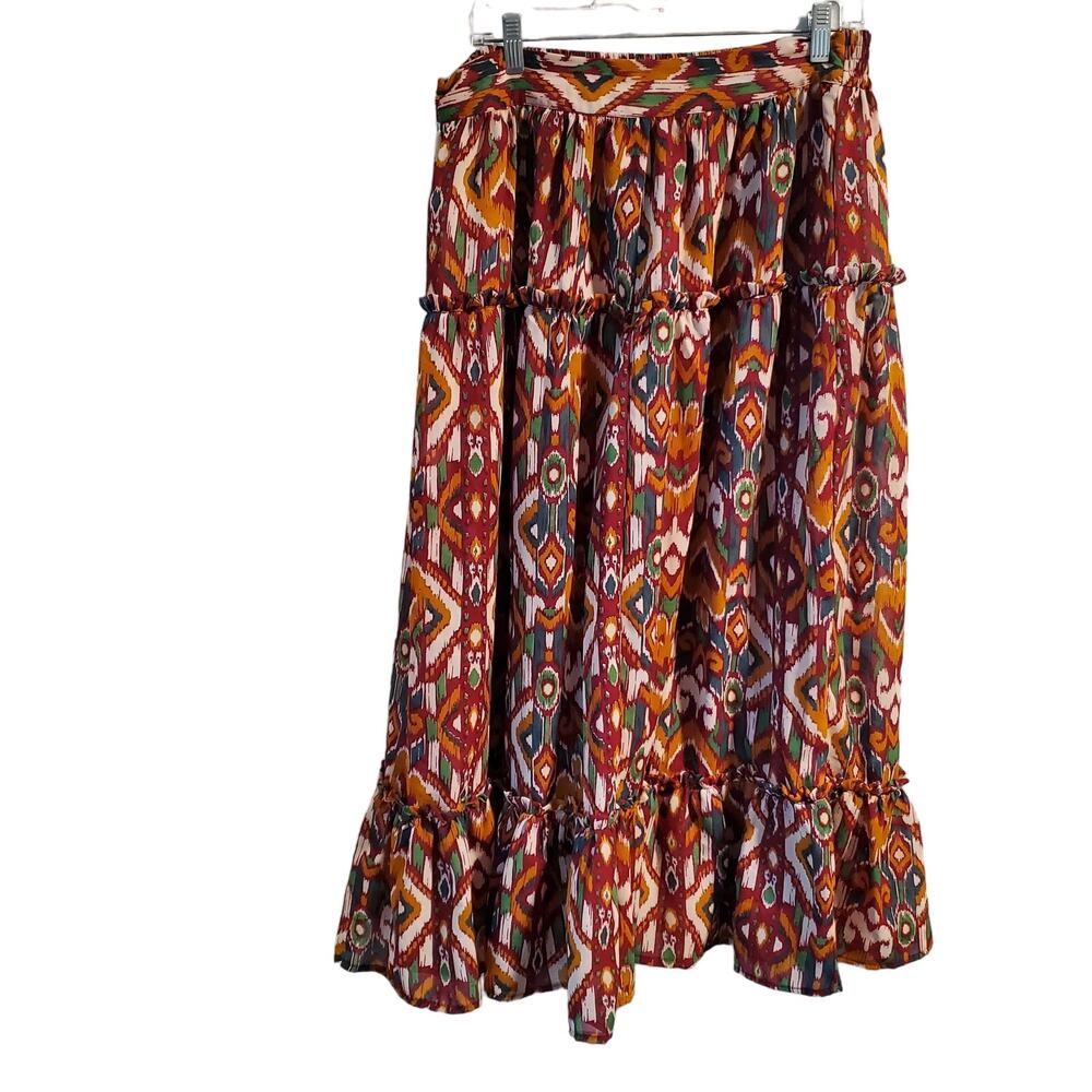 Her Destiny Desert Boho Tiered Ruffle Maxi Skirt Side SlitsSize XL Maroon